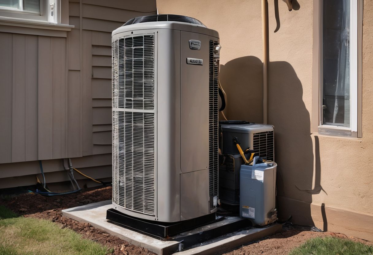 A photo of an air conditioning unit with water puddles and maintenance tools. A photo of an air conditioning unit with water puddles and maintenance tools.