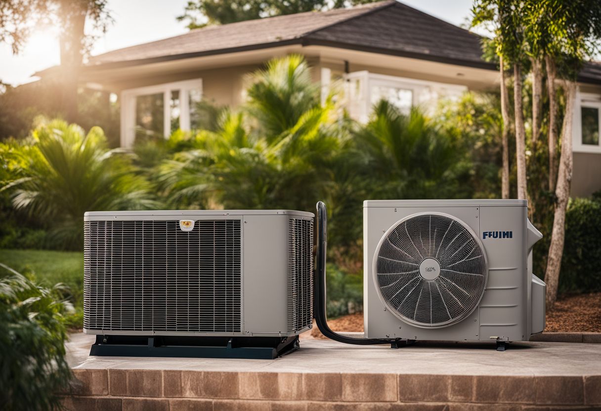 A clean air conditioning condenser unit surrounded by a tidy outdoor environment. A clean air conditioning condenser unit surrounded by a tidy outdoor environment.