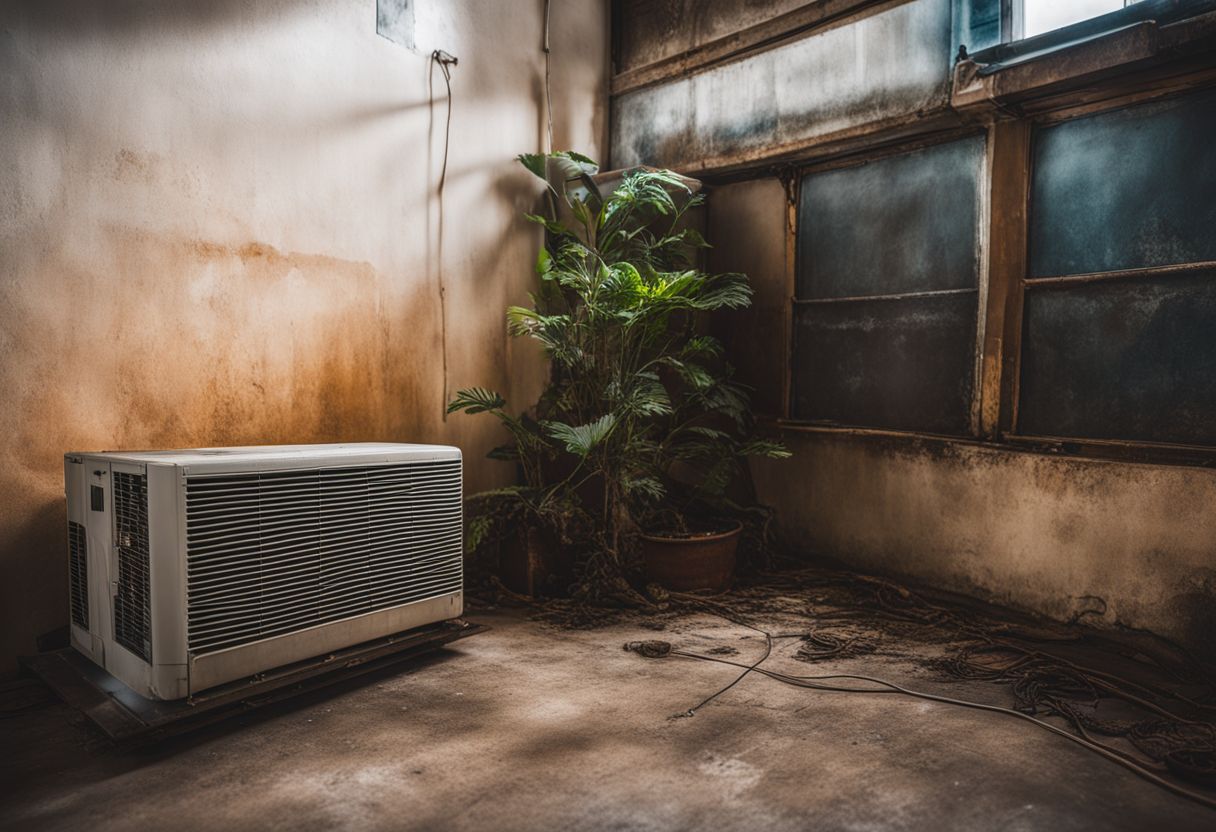 A rusty aircon unit dripping water in a stuffy room. A rusty aircon unit dripping water in a stuffy room.