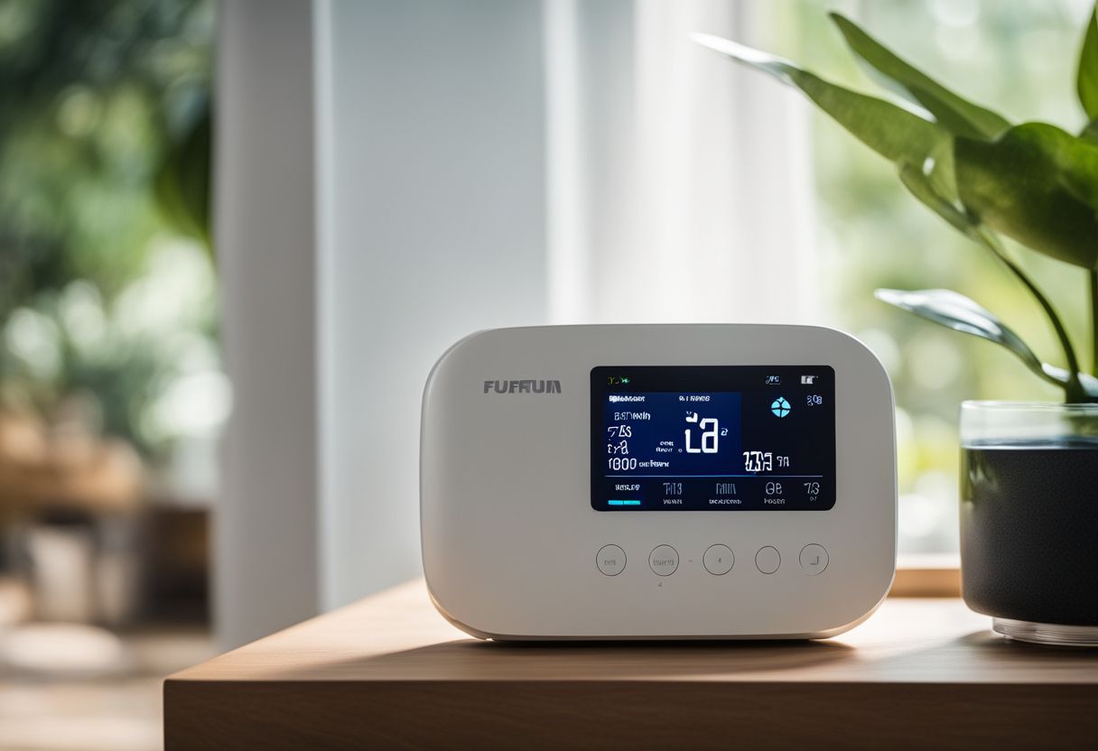 A smart thermostat controls an eco-friendly home aircon system. A smart thermostat controls an eco-friendly home aircon system.