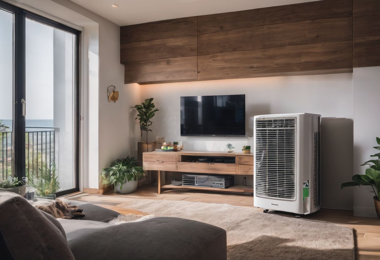 A high efficiency air conditioner surrounded by energy-saving appliances and people. A high efficiency air conditioner surrounded by energy-saving appliances and people.