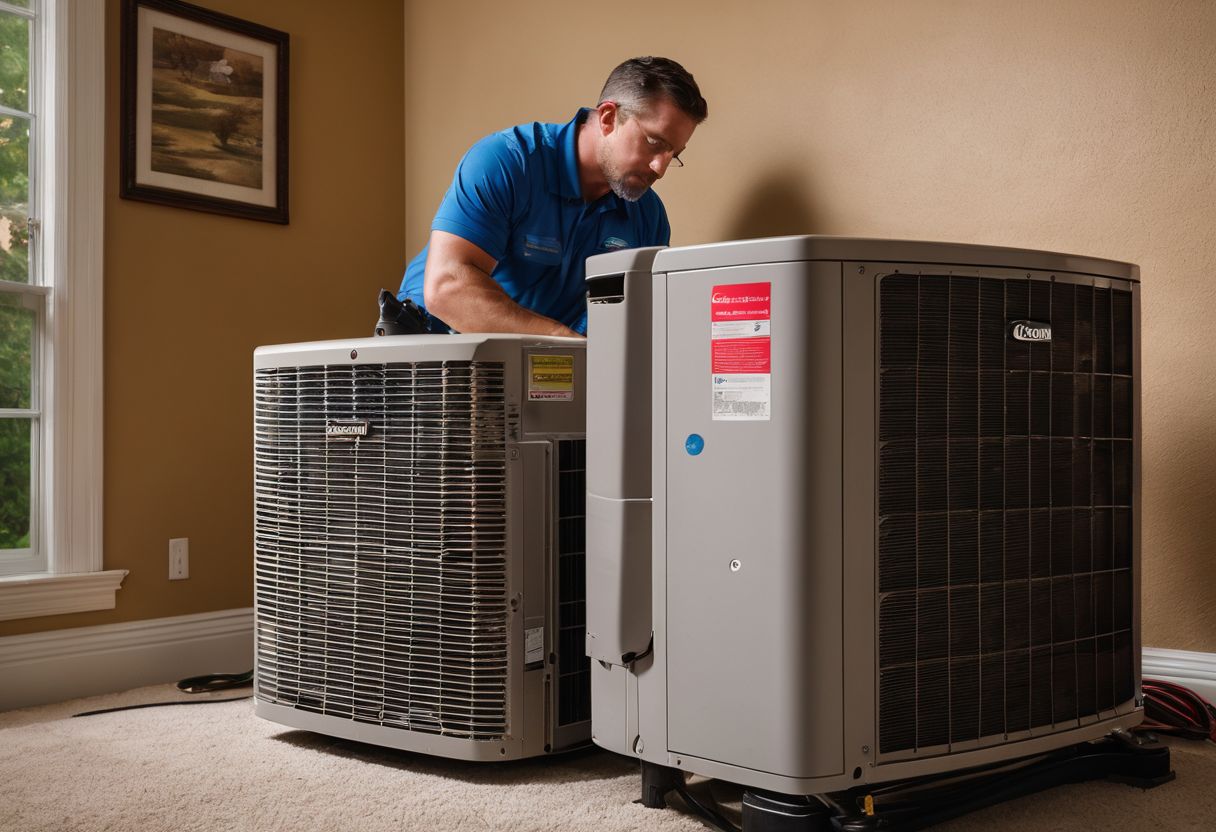 An air conditioner technician inspecting a noisy AC unit in a residential home. An air conditioner technician inspecting a noisy AC unit in a residential home.