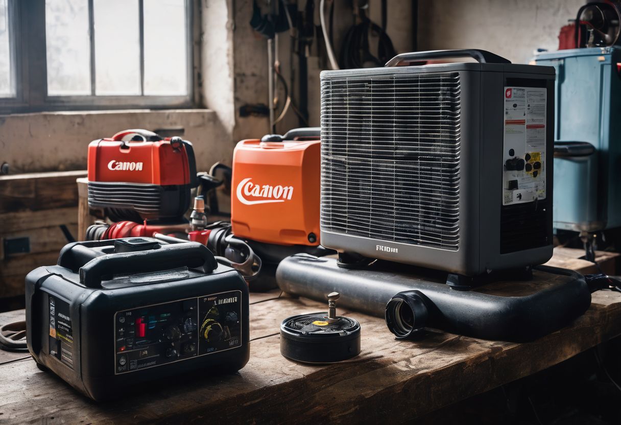 A set of air conditioning tools and equipment in a well-organized workshop. A set of air conditioning tools and equipment in a well-organized workshop.