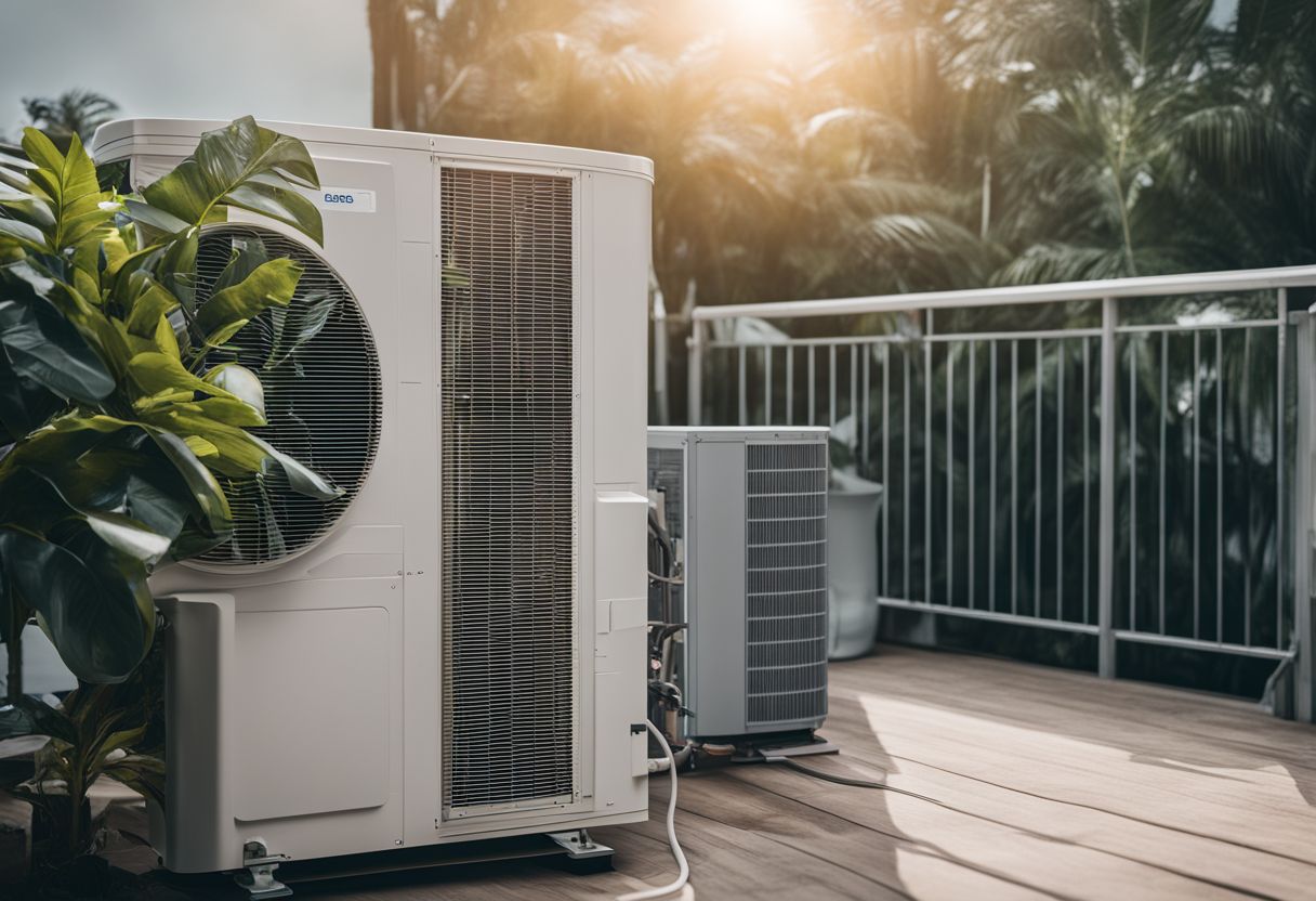 A photo of a well-maintained air conditioning unit in a bustling environment. A photo of a well-maintained air conditioning unit in a bustling environment.