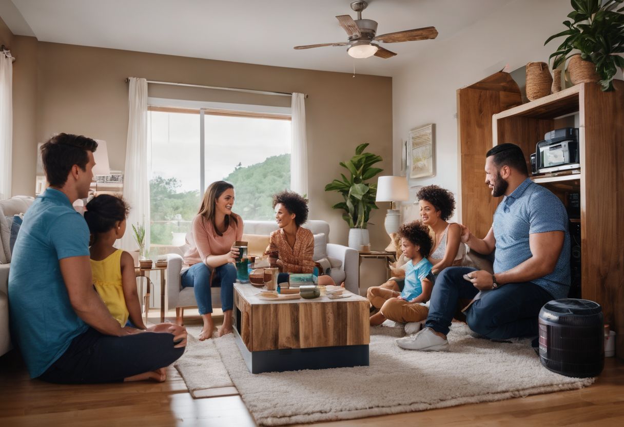 A family enjoying their energy-efficient, well-insulated home with modern air conditioning. A family enjoying their energy-efficient, well-insulated home with modern air conditioning.