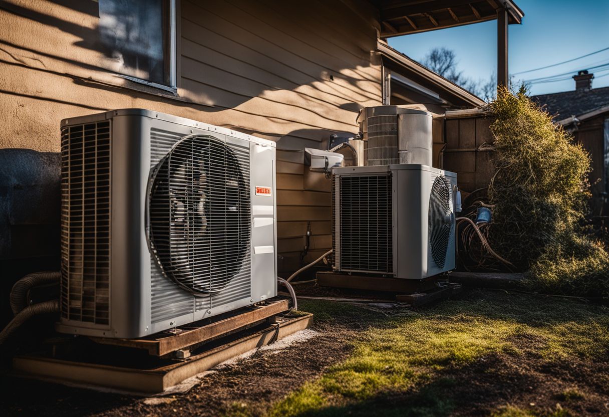 The photo shows dirty and frozen heat pump coils with refrigerant leaks. The photo shows dirty and frozen heat pump coils with refrigerant leaks.