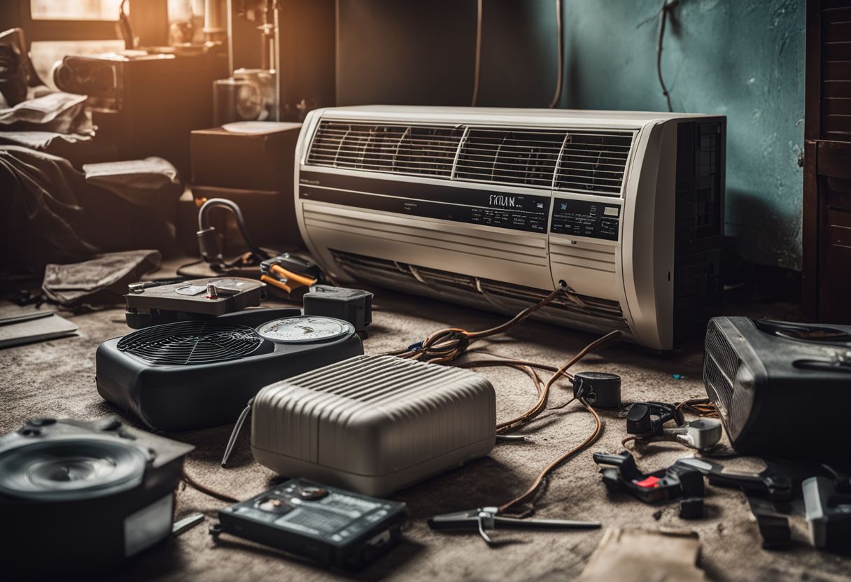 A faulty air conditioner surrounded by repair tools in a bustling atmosphere. A faulty air conditioner surrounded by repair tools in a bustling atmosphere.