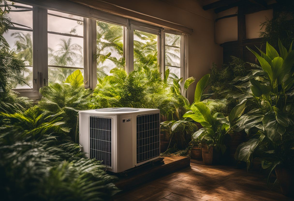 A well-maintained air conditioner unit surrounded by household plants. A well-maintained air conditioner unit surrounded by household plants.