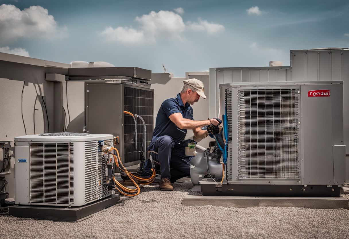 A technician inspecting outdoor air conditioning unit in a bustling atmosphere. A technician inspecting outdoor air conditioning unit in a bustling atmosphere.