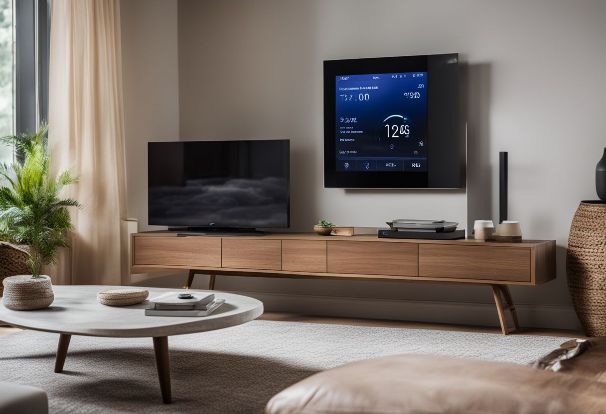 A smart thermostat adjusting temperature in a modern living room. A smart thermostat adjusting temperature in a modern living room.