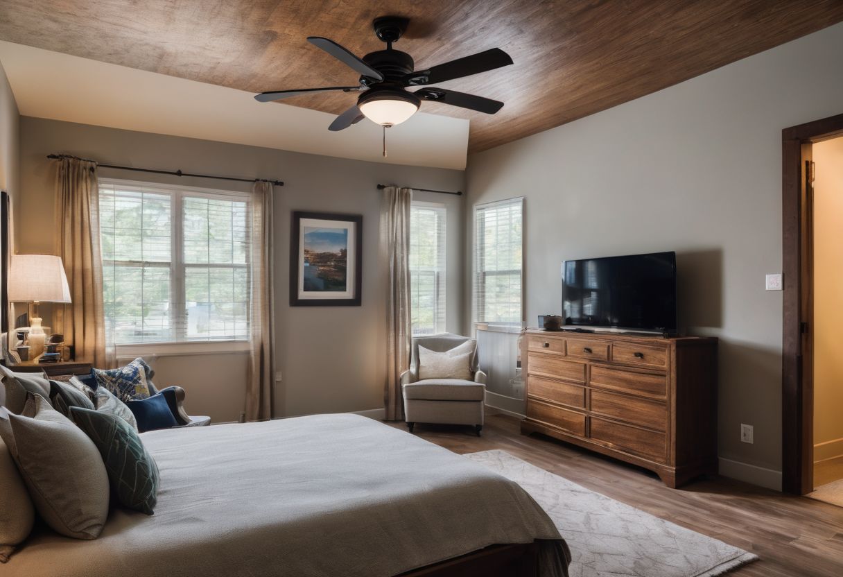 A photo of an energy-efficient ceiling fan in a bedroom. A photo of an energy-efficient ceiling fan in a bedroom.