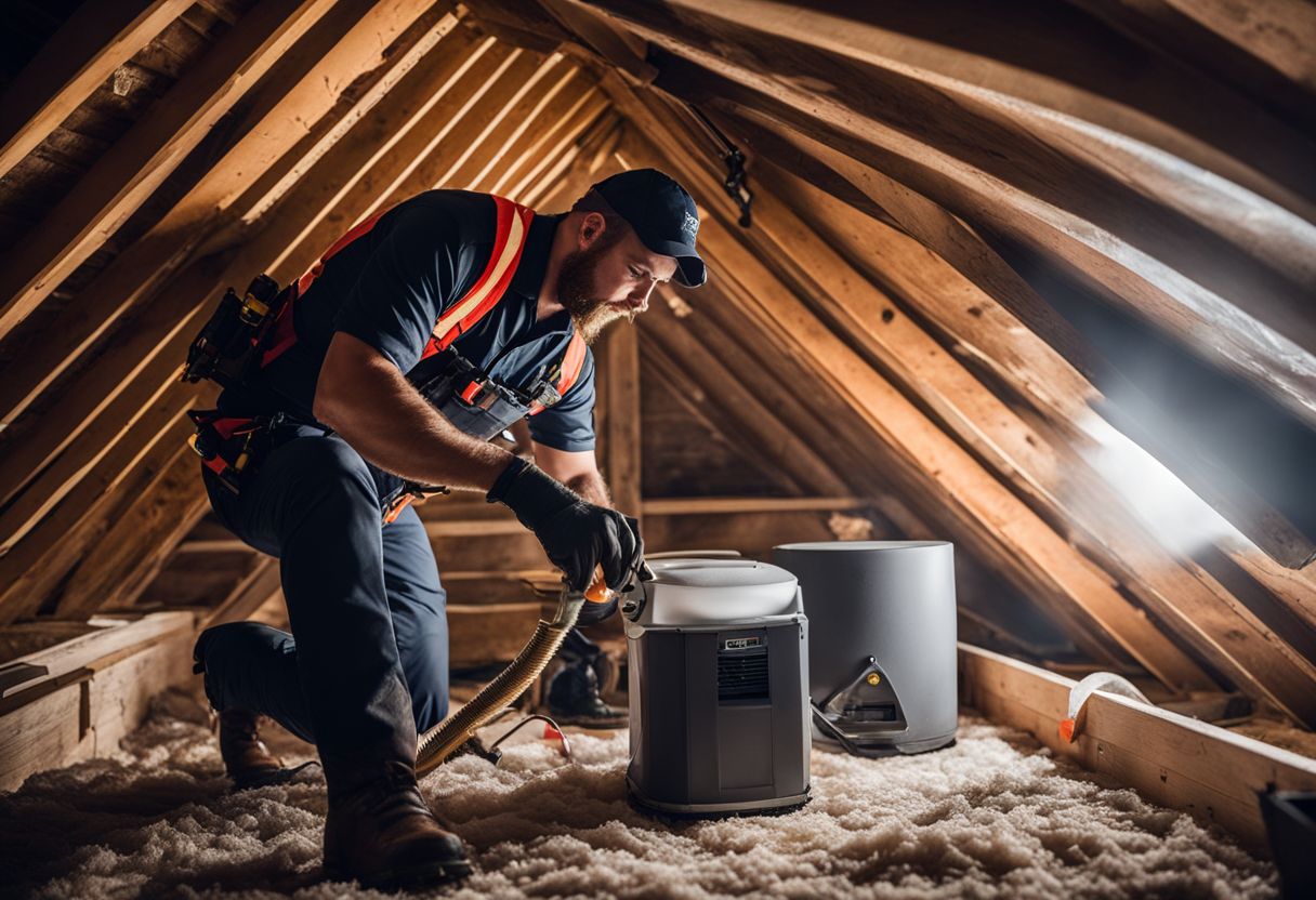 An HVAC technician repairing insulation in an attic. An HVAC technician repairing insulation in an attic.