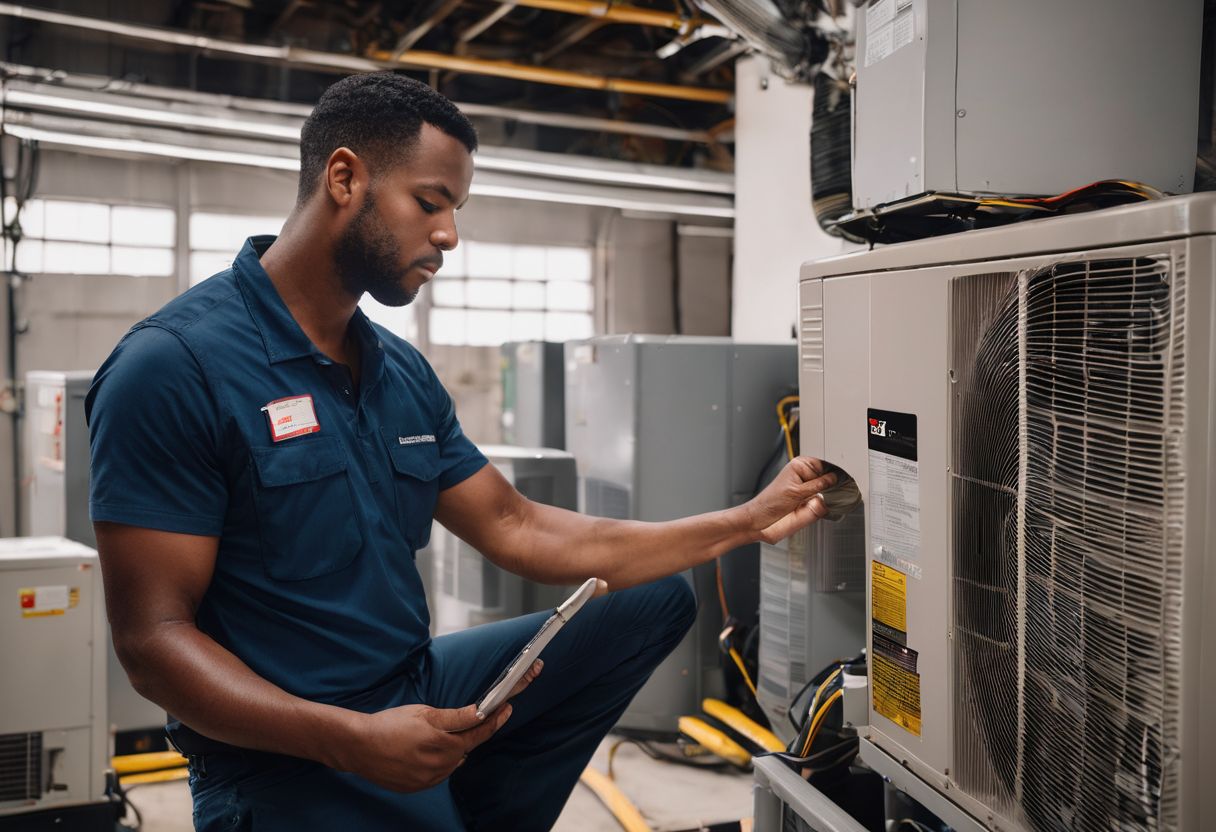 A technician inspecting an air conditioning unit in a spacious room. A technician inspecting an air conditioning unit in a spacious room.