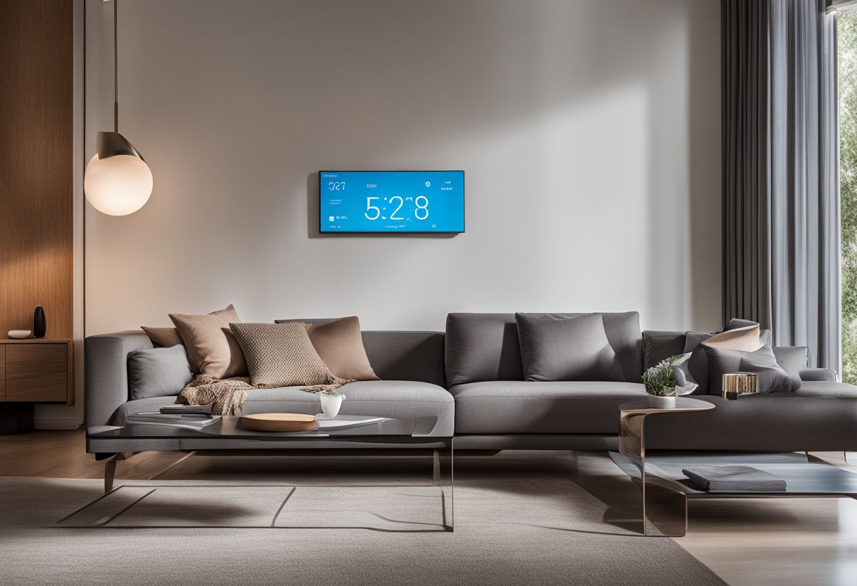 A smart thermostat in a modern living room with sleek design. A smart thermostat in a modern living room with sleek design.
