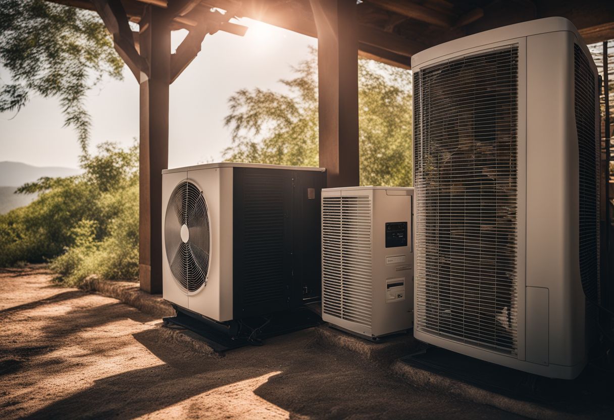 A worn-out air conditioning unit struggles in a hot outdoor environment. A worn-out air conditioning unit struggles in a hot outdoor environment.