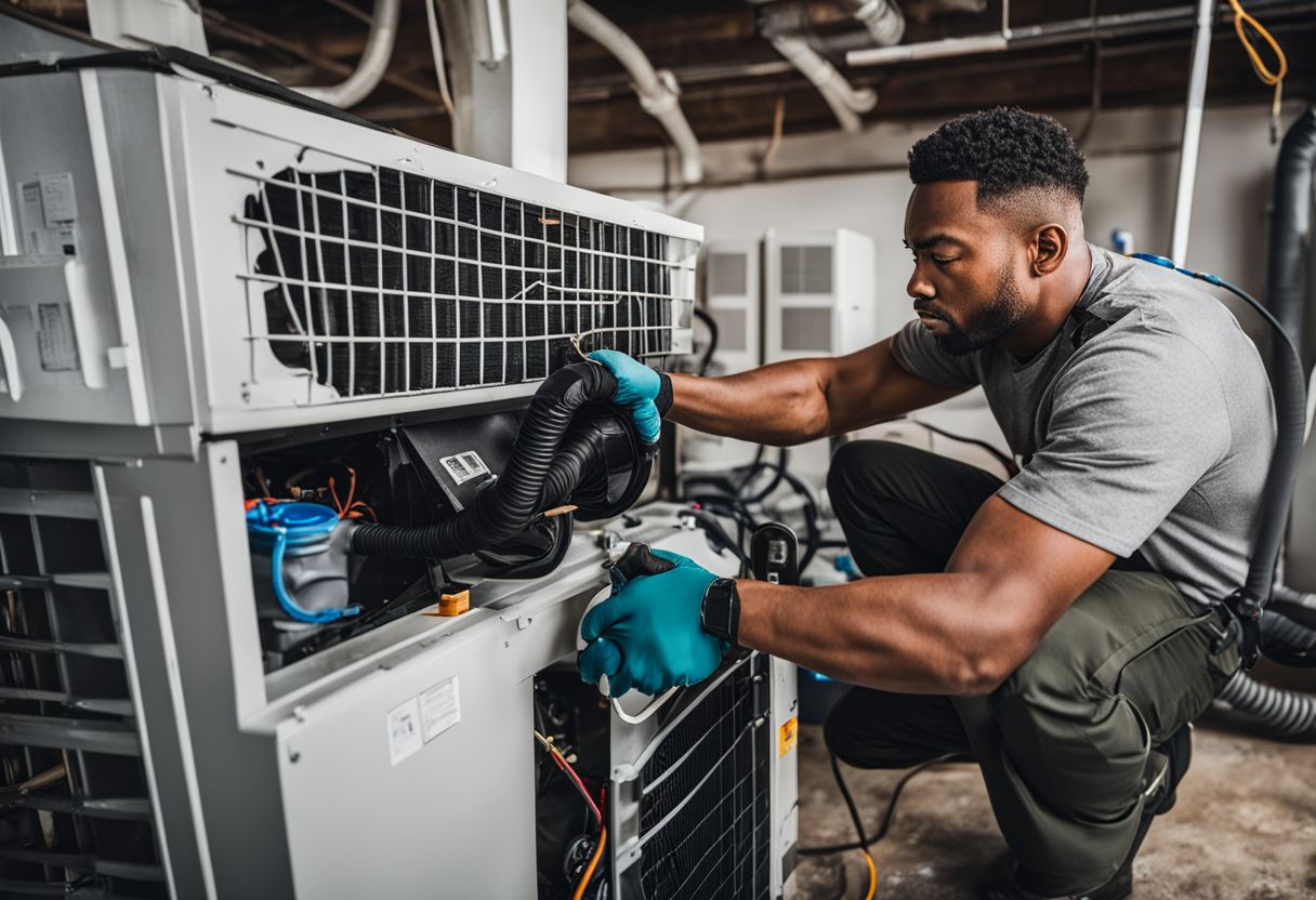 A technician cleaning coils of an AC unit in a maintenance room. A technician cleaning coils of an AC unit in a maintenance room.