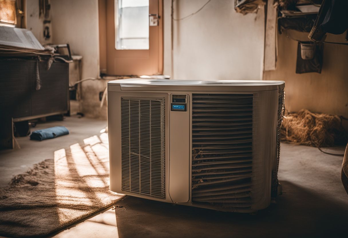A dusty air conditioning unit in a cluttered utility room. A dusty air conditioning unit in a cluttered utility room.