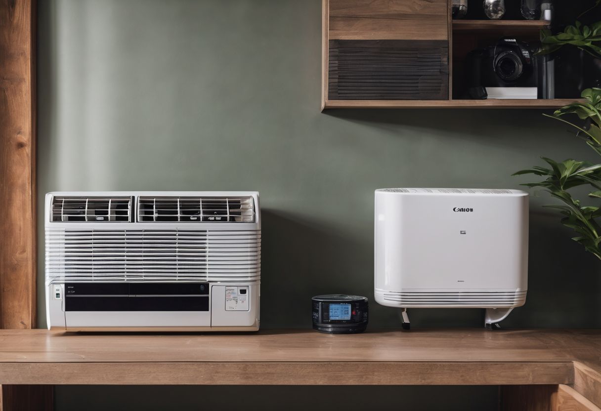 A modern air conditioning unit surrounded by energy-saving tips and different people. A modern air conditioning unit surrounded by energy-saving tips and different people.