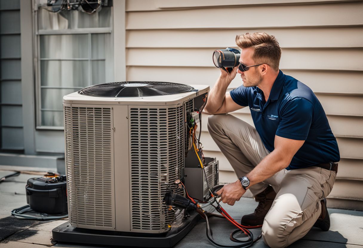 A repair technician inspecting an AC unit in a bustling city. A repair technician inspecting an AC unit in a bustling city.