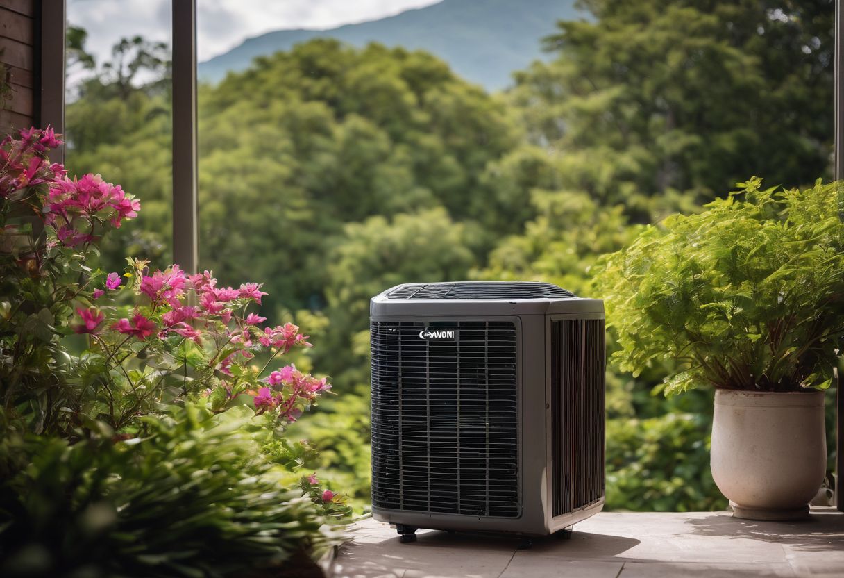 A modern air conditioning unit surrounded by greenery. A modern air conditioning unit surrounded by greenery.