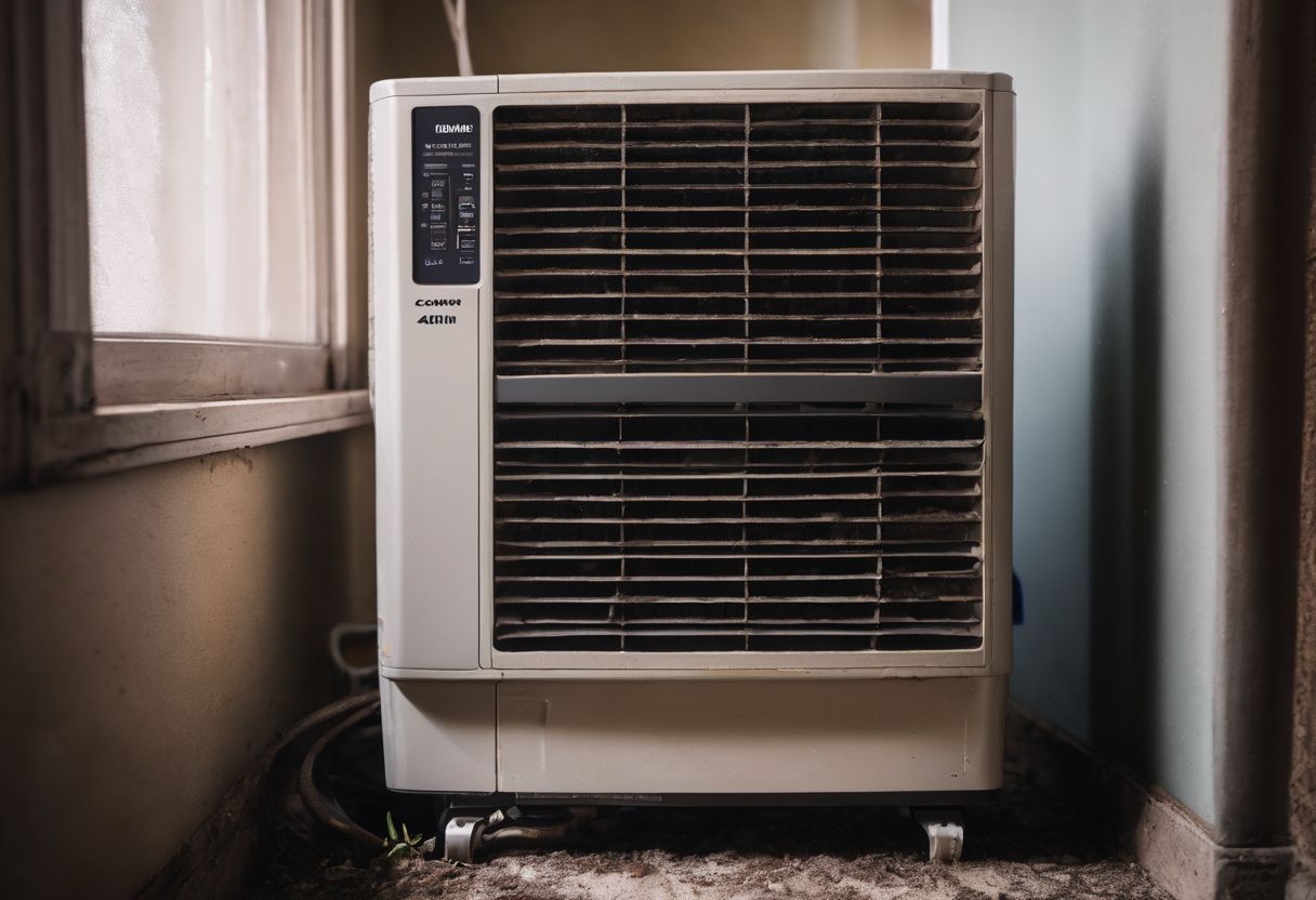 A dirty air conditioning filter covered in mould and dust. A dirty air conditioning filter covered in mould and dust.