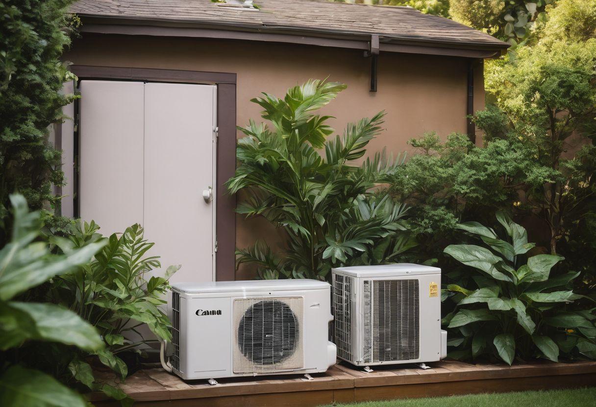 A modern air conditioning unit nestled within a lush green setting. A modern air conditioning unit nestled within a lush green setting.