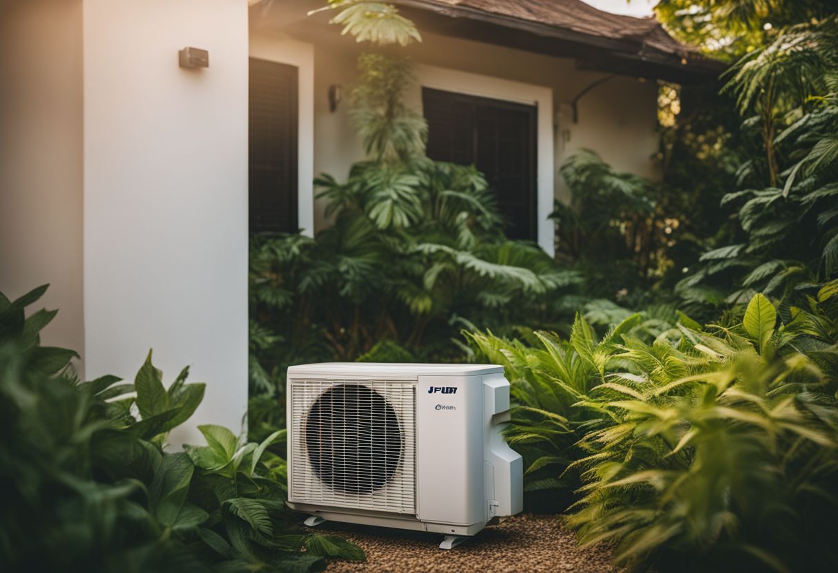 A modern air conditioner surrounded by greenery in a bustling atmosphere. A modern air conditioner surrounded by greenery in a bustling atmosphere.