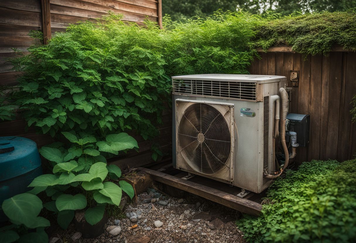 A neglected backyard with a rusty, overgrown air conditioning unit. A neglected backyard with a rusty, overgrown air conditioning unit.