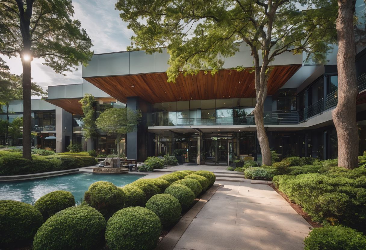 A modern commercial building with diverse people and bustling atmosphere. A modern commercial building with diverse people and bustling atmosphere.