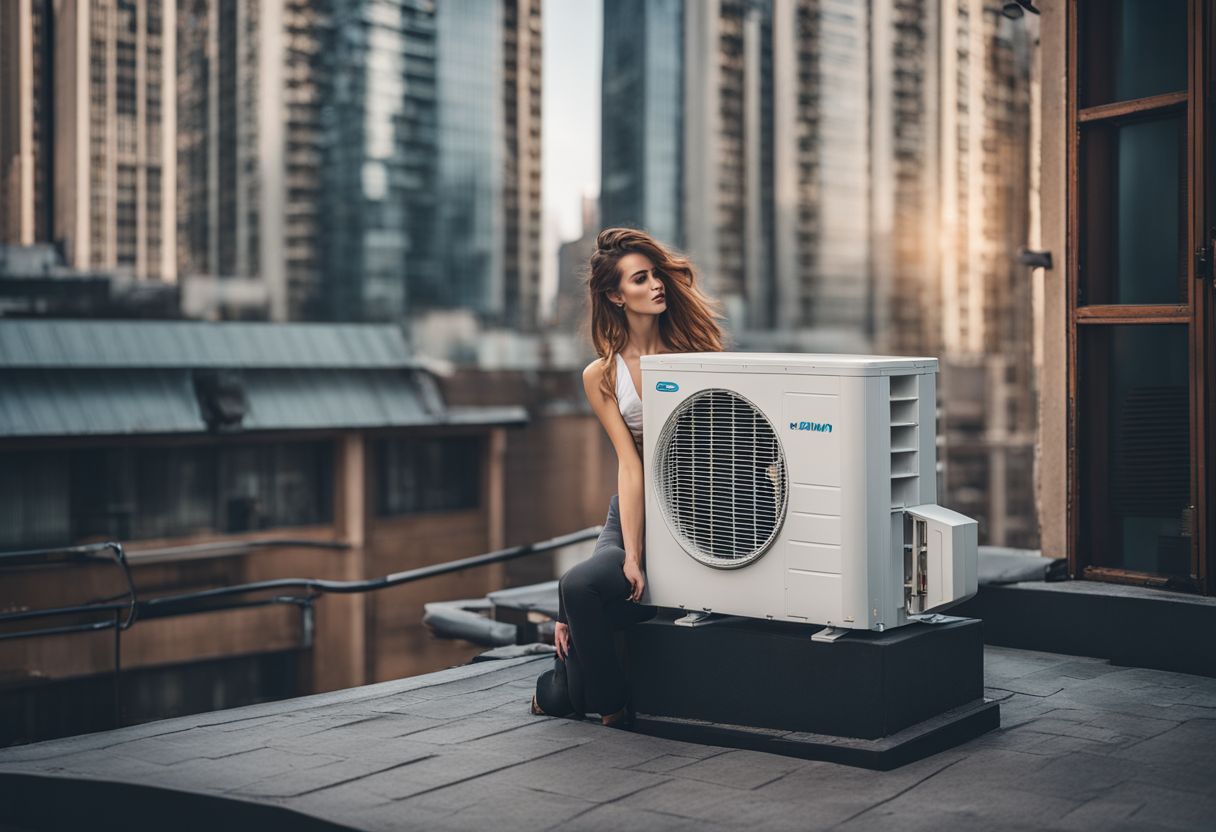 A photo of an air conditioner unit in an urban cityscape. A photo of an air conditioner unit in an urban cityscape.