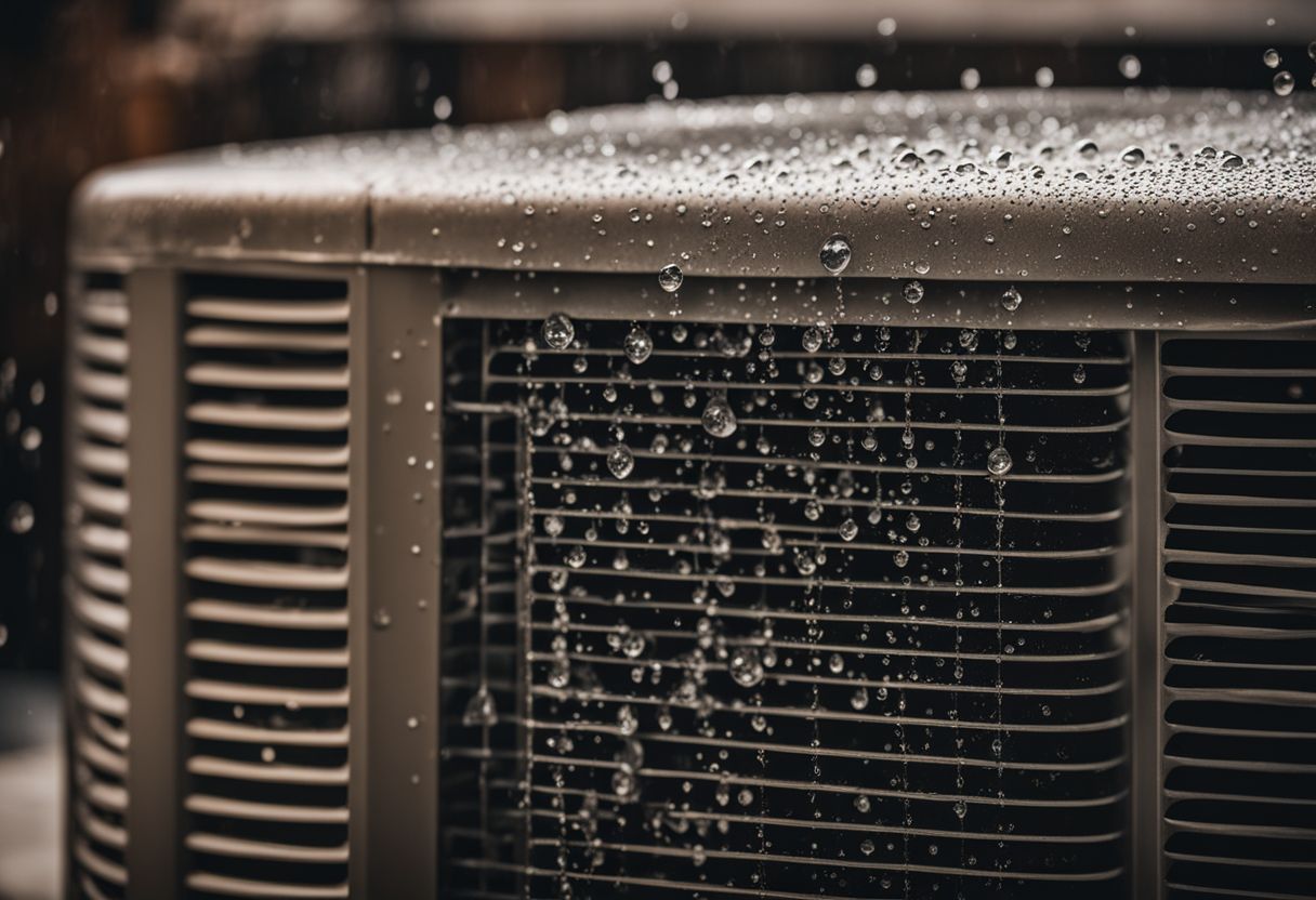 Water droplets forming on an air conditioning unit in a busy environment. Water droplets forming on an air conditioning unit in a busy environment.