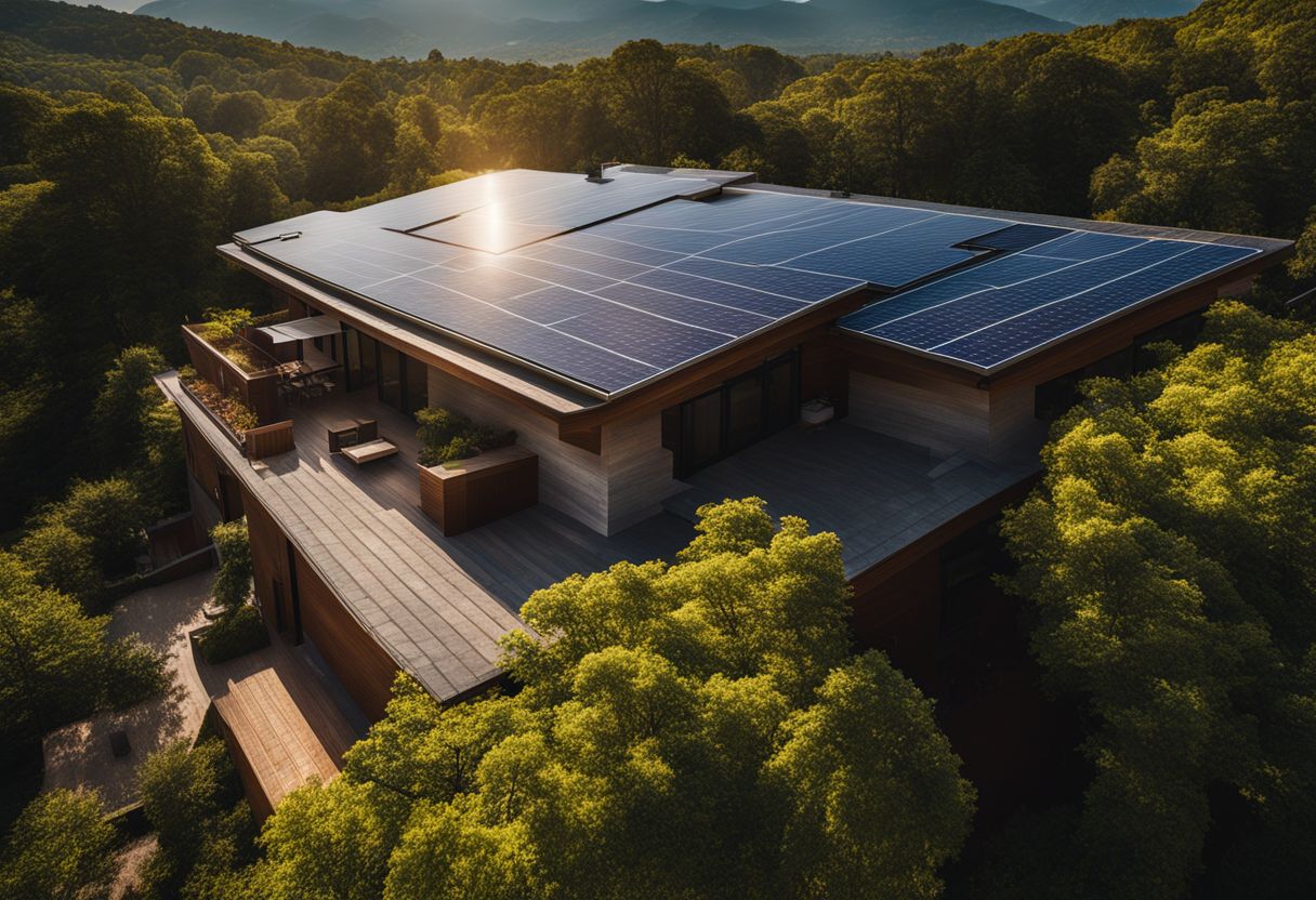 Solar panels on a well-insulated rooftop surrounded by shaded trees. Solar panels on a well-insulated rooftop surrounded by shaded trees.