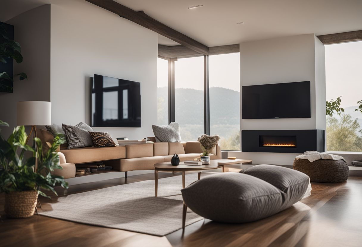 A smart thermostat on a wall in a stylish living room. A smart thermostat on a wall in a stylish living room.