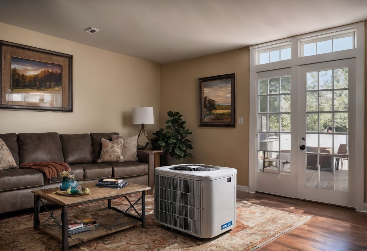 The image shows a central AC unit with maintenance tools in a well-ventilated home environment. The image shows a central AC unit with maintenance tools in a well-ventilated home environment.