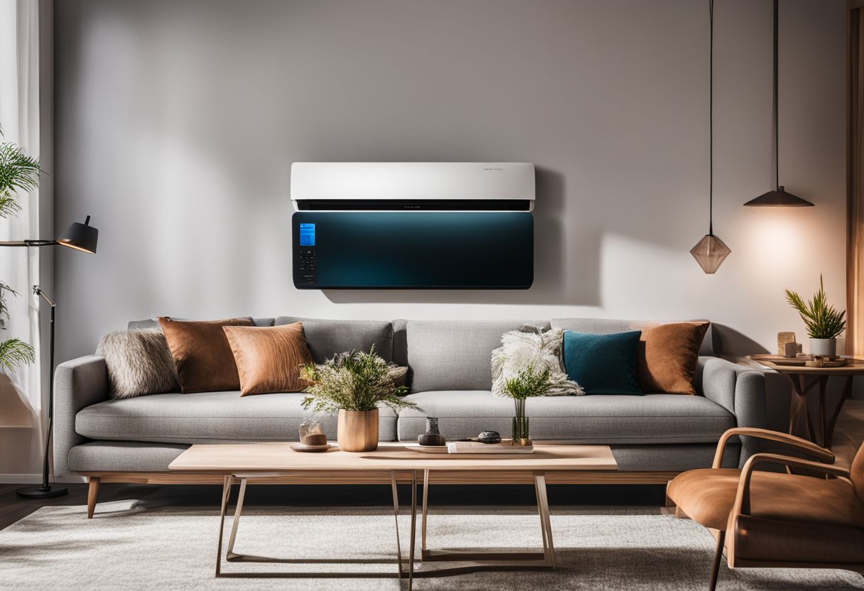 A modern living room with an energy-efficient air conditioner. A modern living room with an energy-efficient air conditioner.