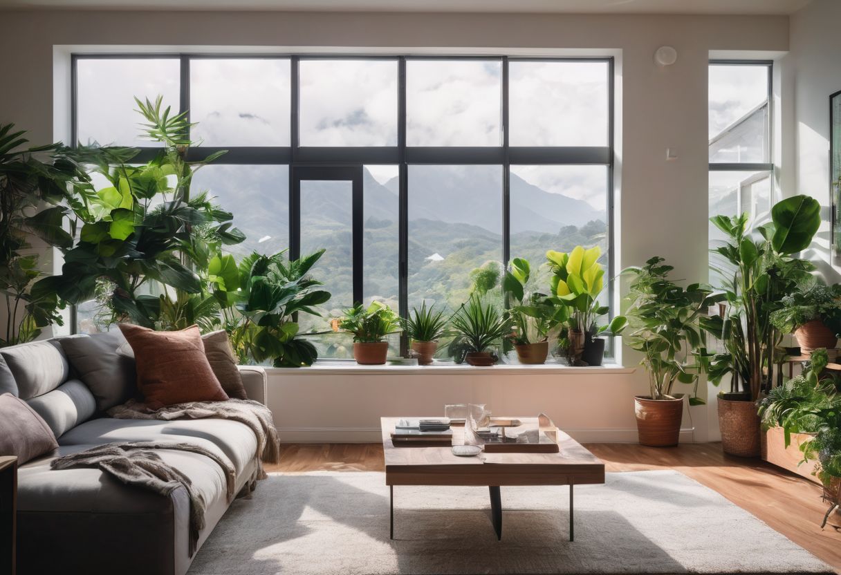 A modern living room with an energy-efficient air conditioner and houseplants. A modern living room with an energy-efficient air conditioner and houseplants.
